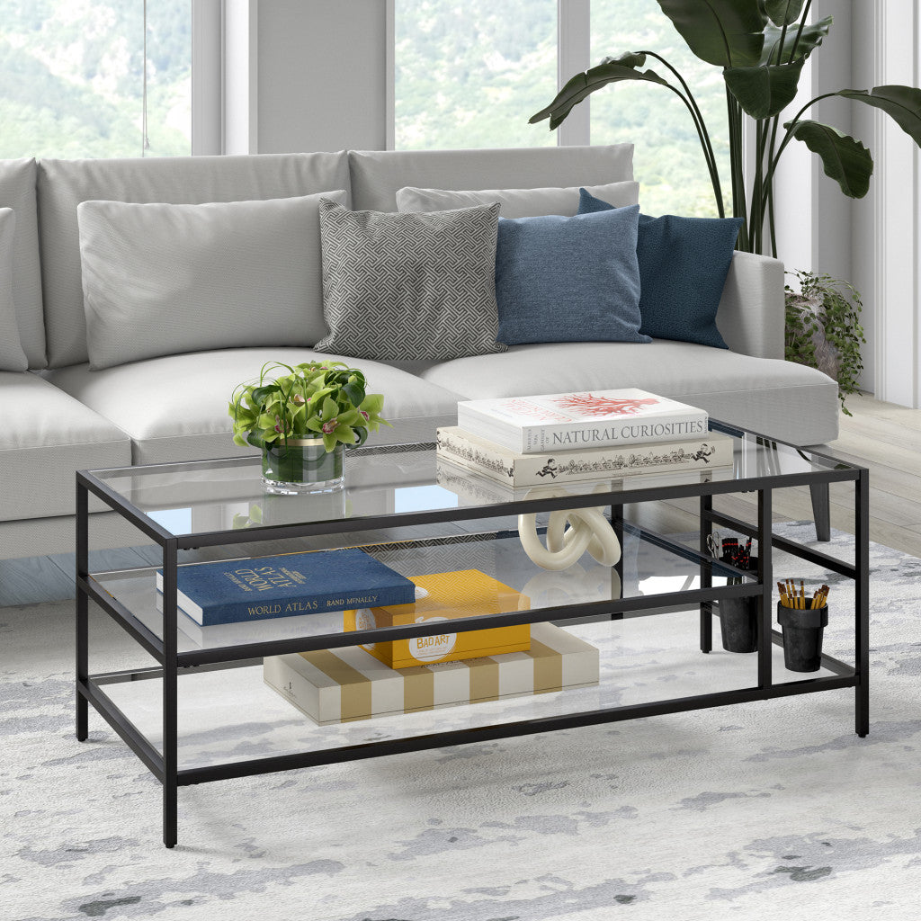 46-Inch Black Glass and Steel Coffee Table with Two Shelves