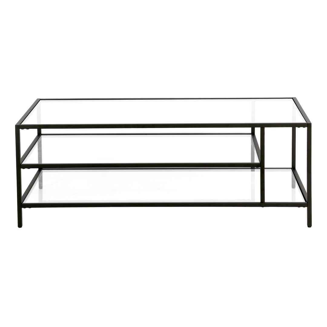 46-Inch Black Glass and Steel Coffee Table with Two Shelves