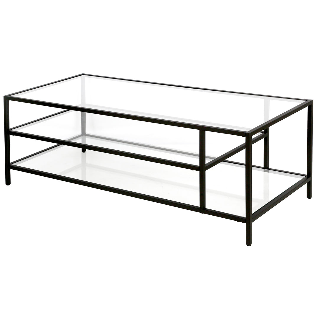 46-Inch Black Glass and Steel Coffee Table with Two Shelves