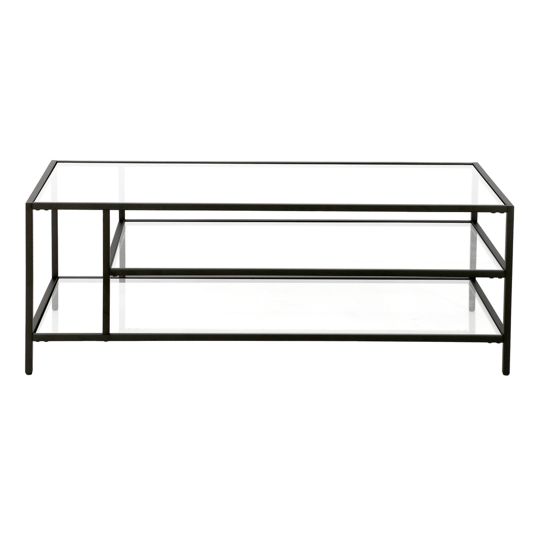 46-Inch Black Glass and Steel Coffee Table with Two Shelves