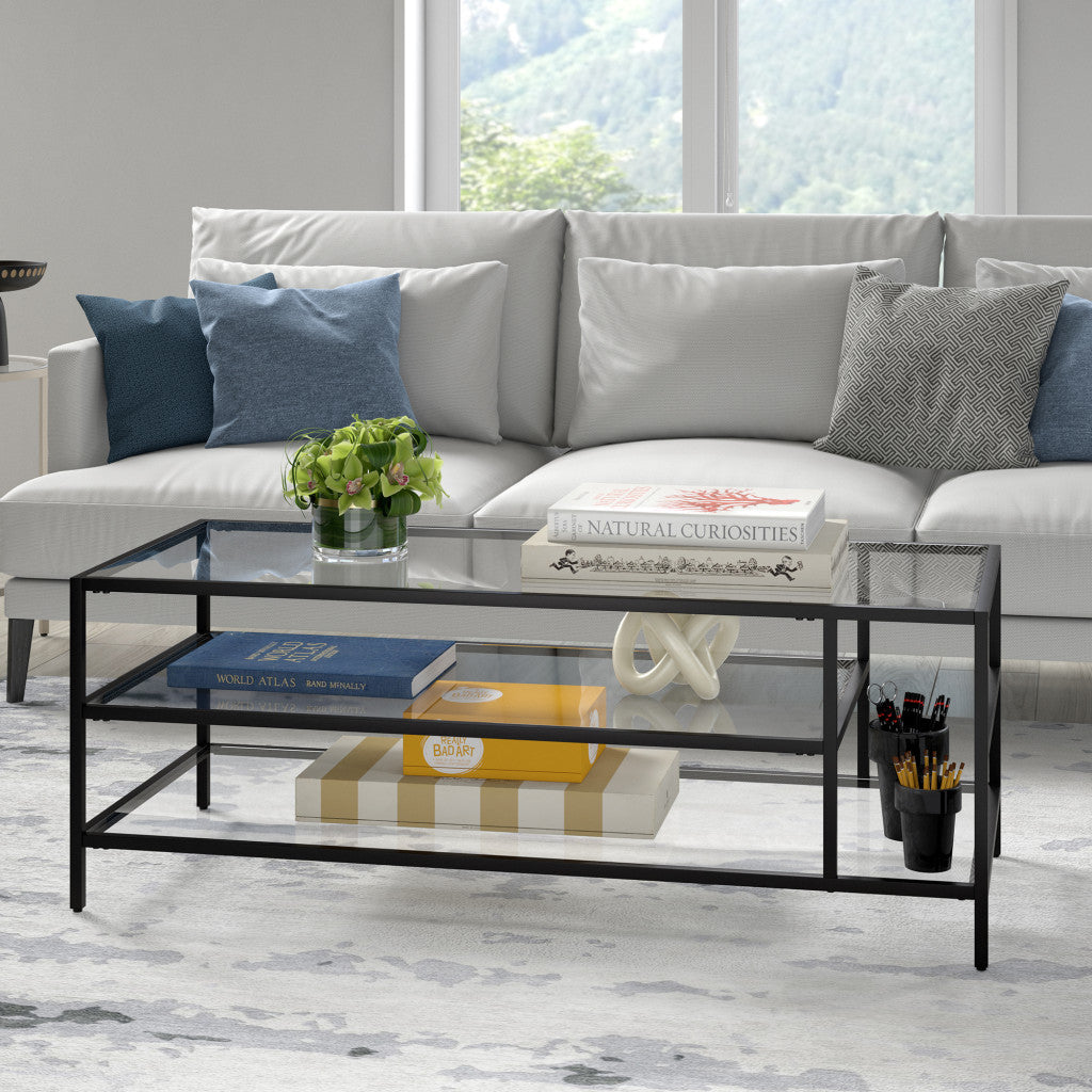 46-Inch Black Glass and Steel Coffee Table with Two Shelves