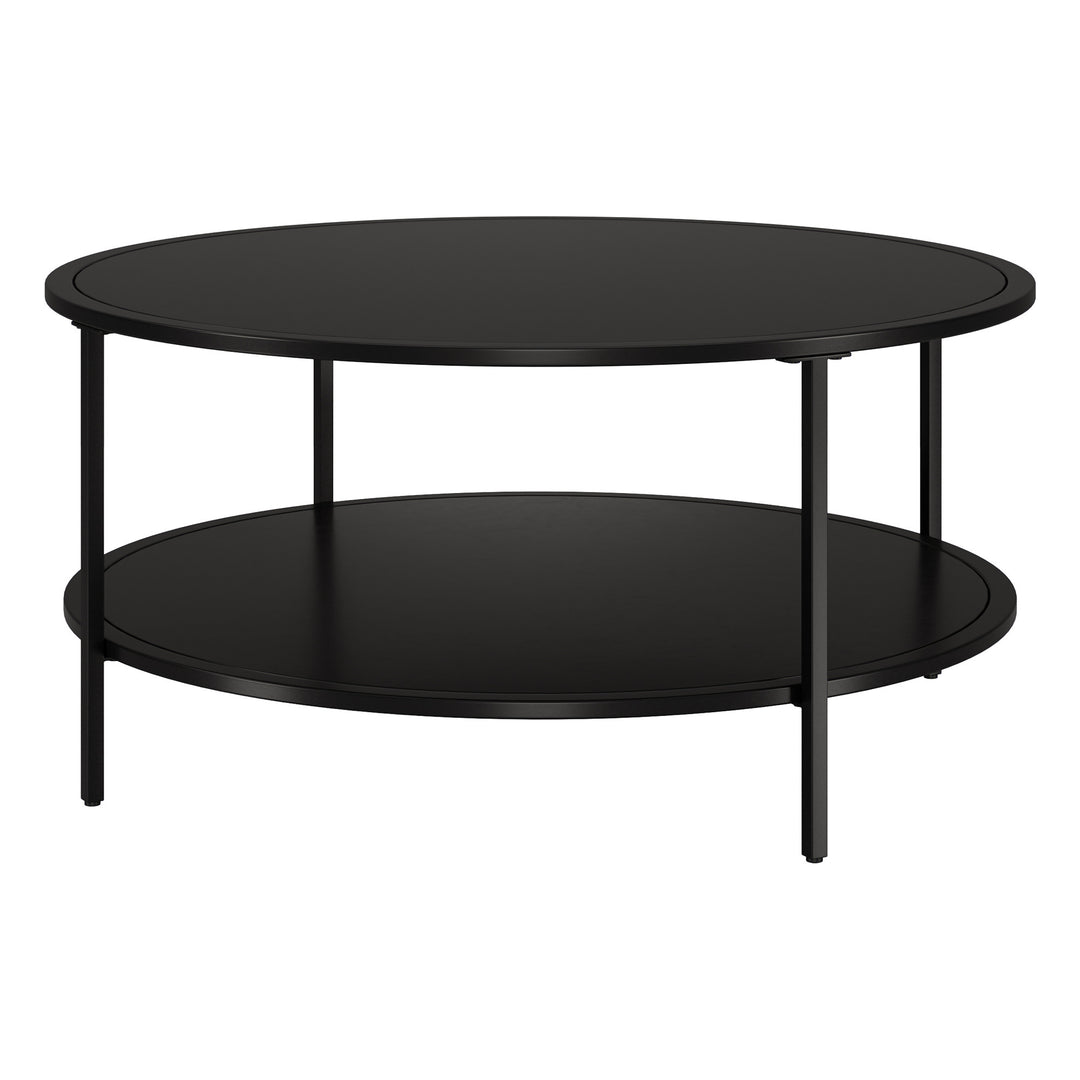 Modern 36" Black Glass And Steel Round Coffee Table With Shelf