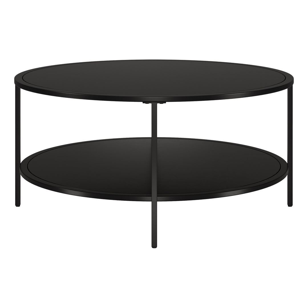 Modern 36" Black Glass And Steel Round Coffee Table With Shelf