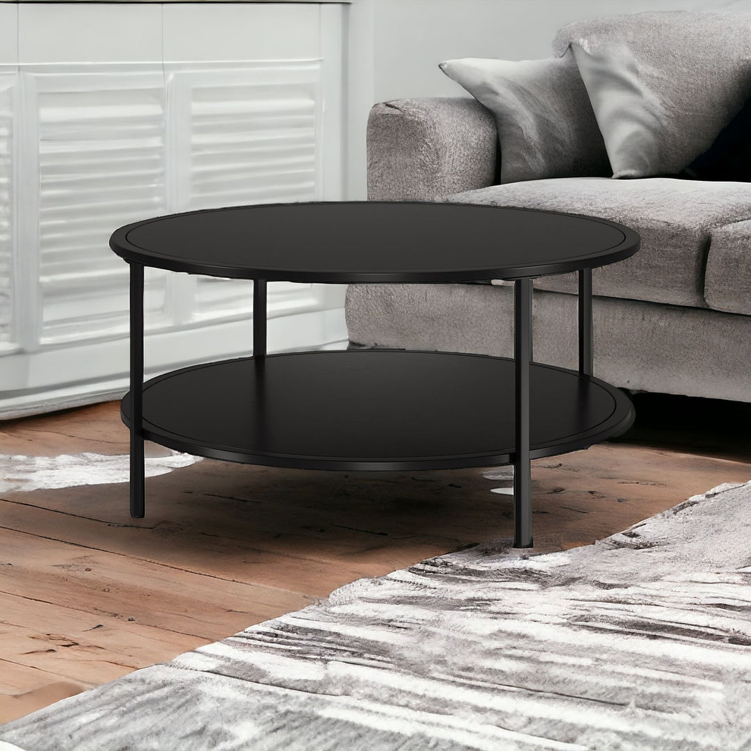 Modern 36" Black Glass And Steel Round Coffee Table With Shelf