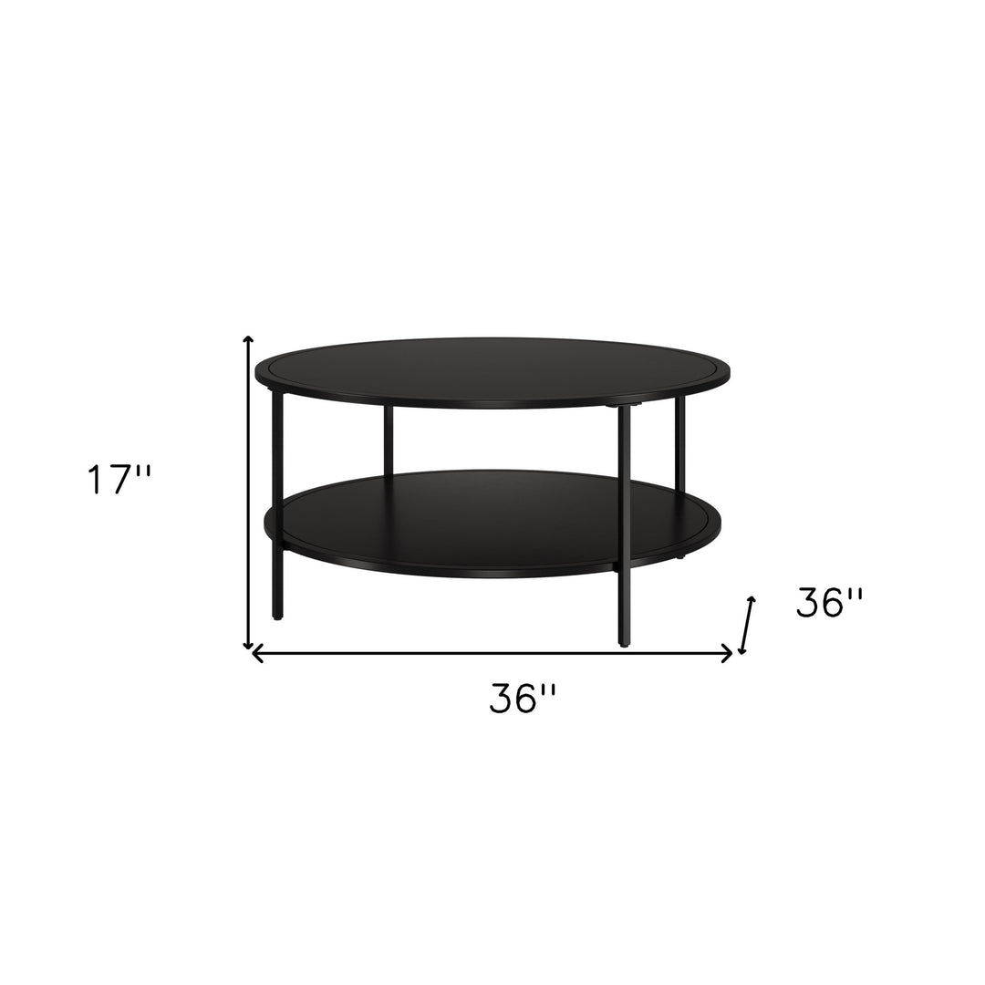 Modern 36" Black Glass And Steel Round Coffee Table With Shelf