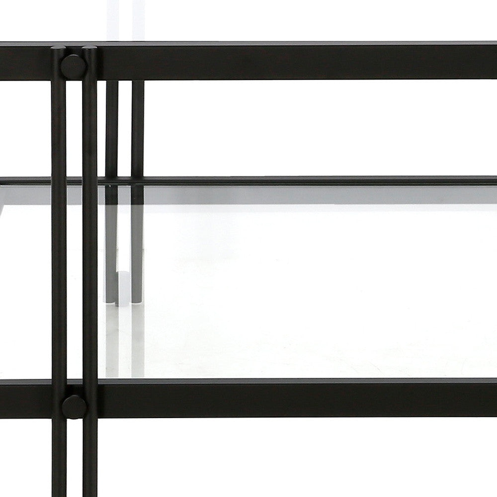 32" Modern Black Steel and Clear Glass Square Coffee Table with Storage Shelf