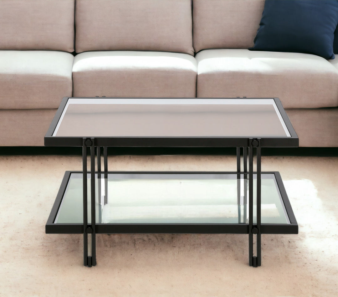 32" Modern Black Steel and Clear Glass Square Coffee Table with Storage Shelf