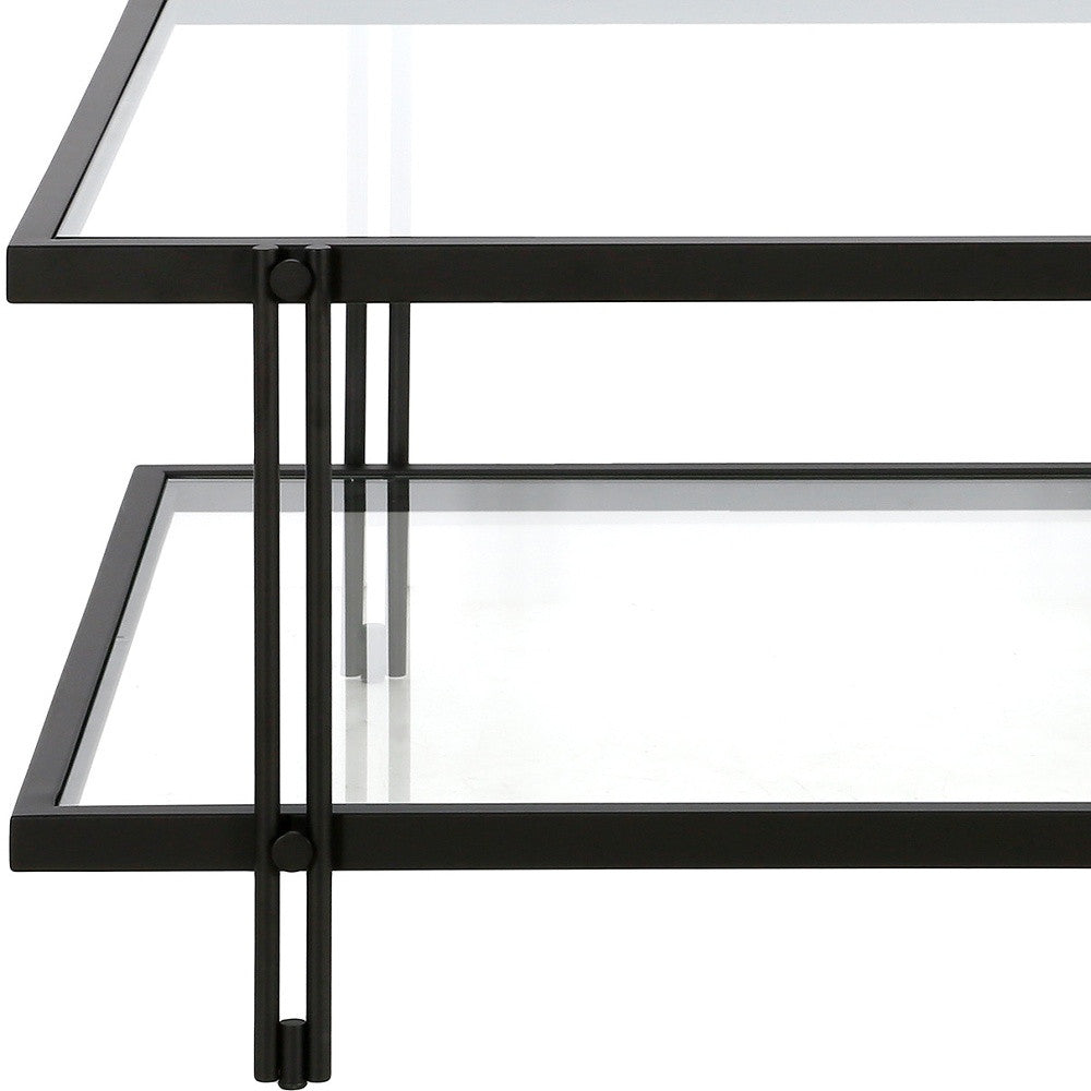 32" Modern Black Steel and Clear Glass Square Coffee Table with Storage Shelf