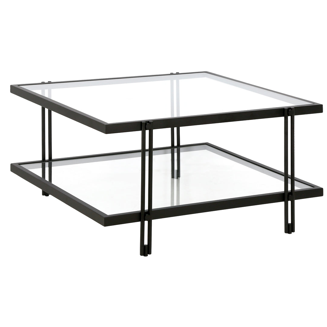 32" Modern Black Steel and Clear Glass Square Coffee Table with Storage Shelf