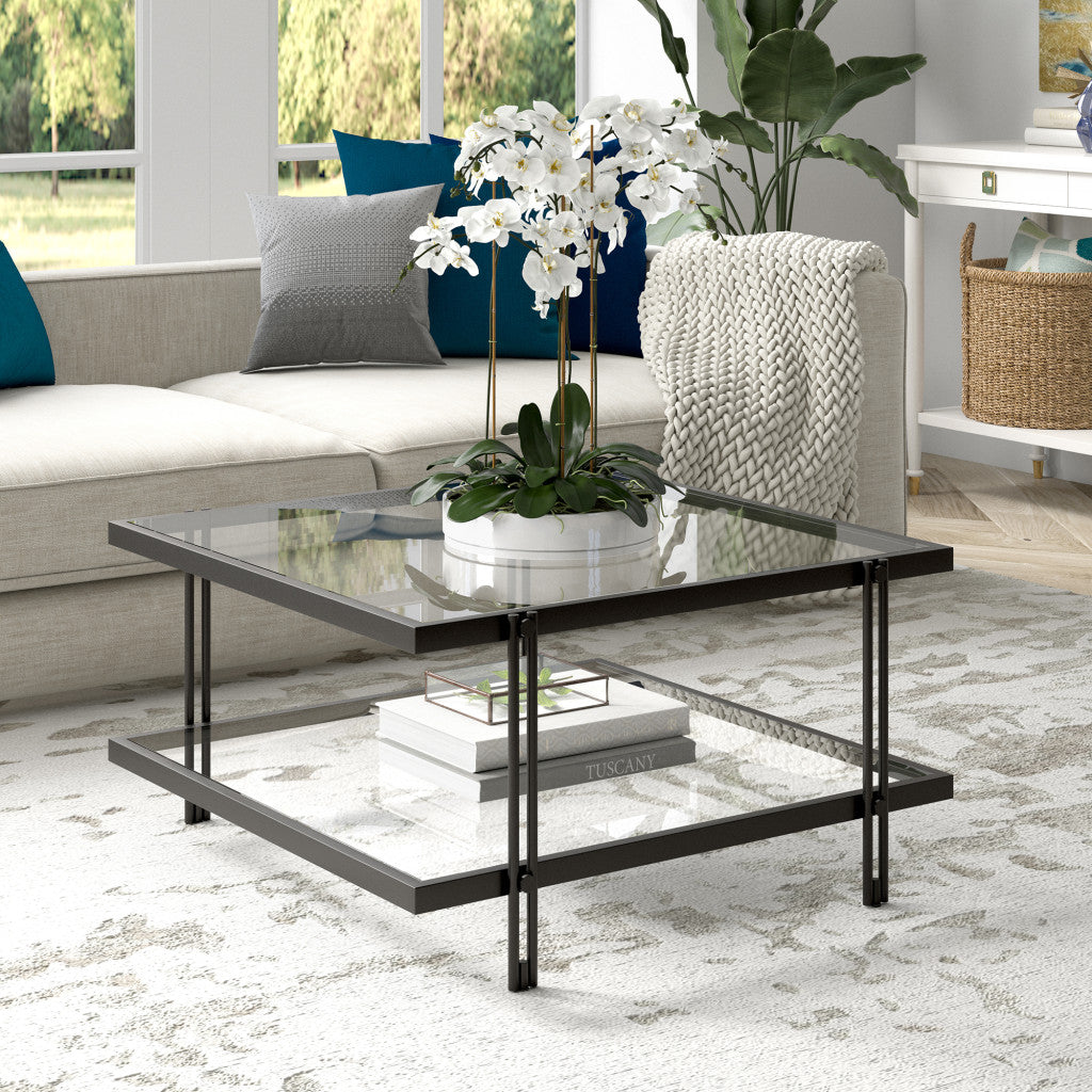 32" Modern Black Steel and Clear Glass Square Coffee Table with Storage Shelf