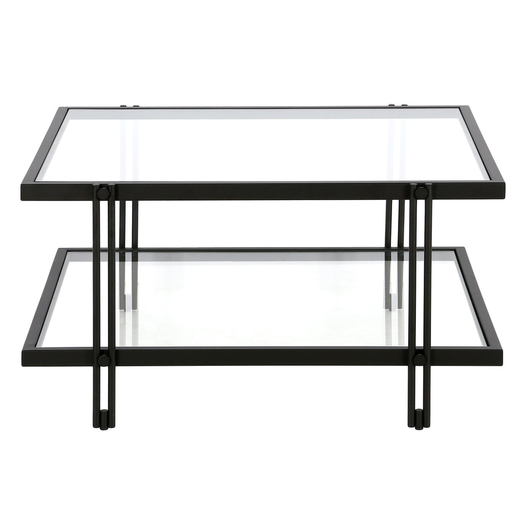 32" Modern Black Steel and Clear Glass Square Coffee Table with Storage Shelf