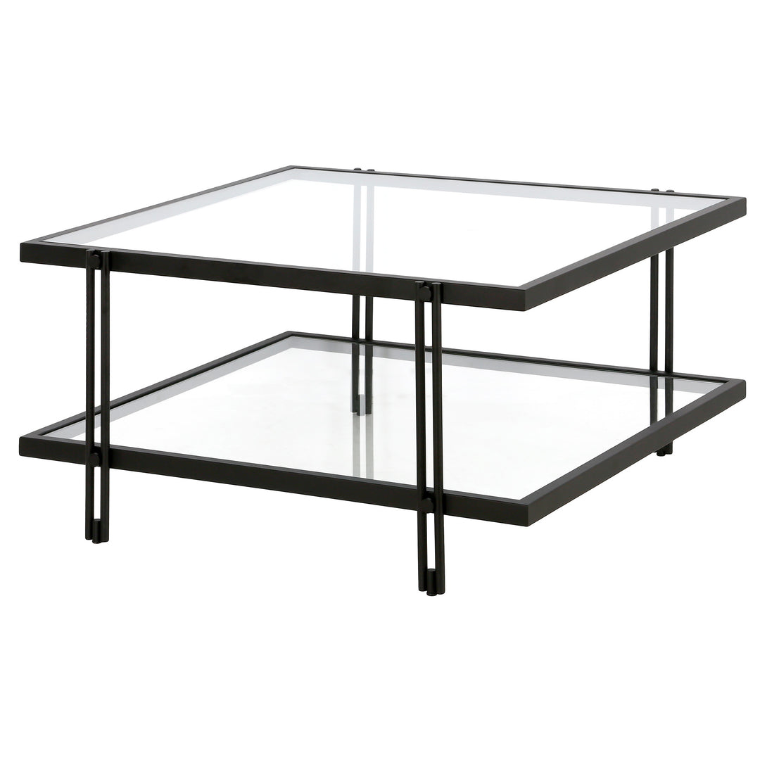 32" Modern Black Steel and Clear Glass Square Coffee Table with Storage Shelf