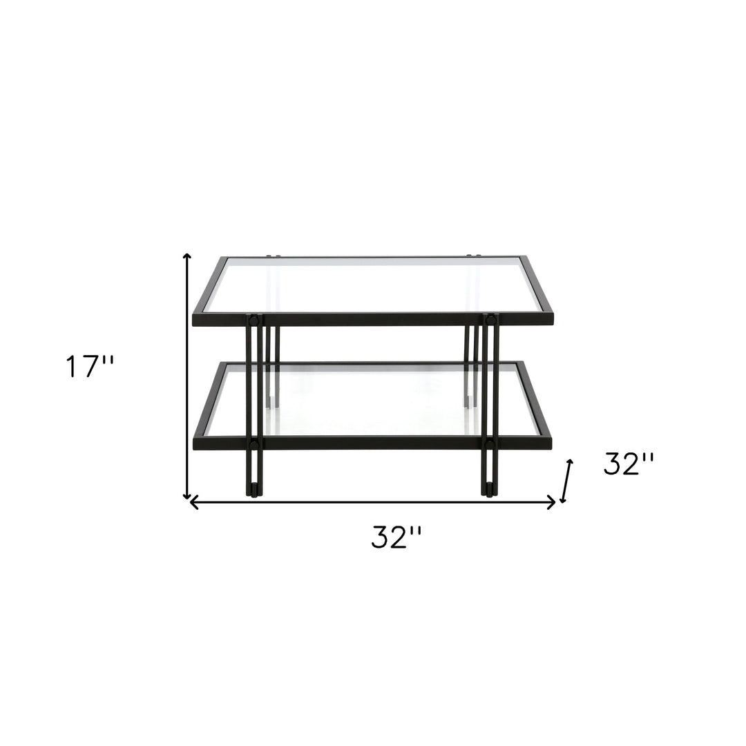 32" Modern Black Steel and Clear Glass Square Coffee Table with Storage Shelf