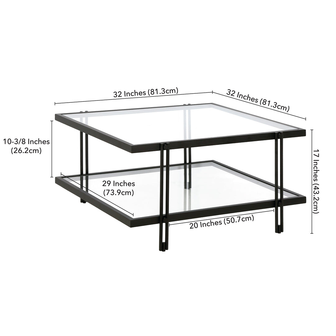 32" Modern Black Steel and Clear Glass Square Coffee Table with Storage Shelf