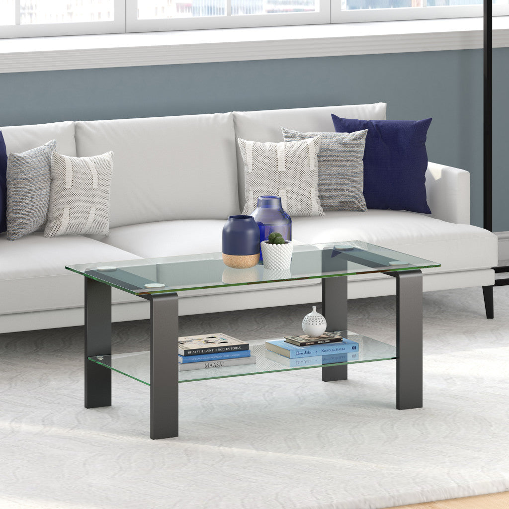 40" Gray Glass And Steel Coffee Table With Shelf