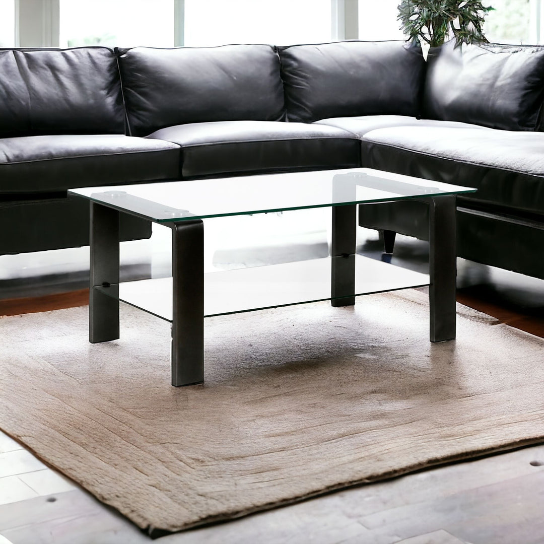 40-Inch Black Glass Coffee Table with Steel Base and Shelf