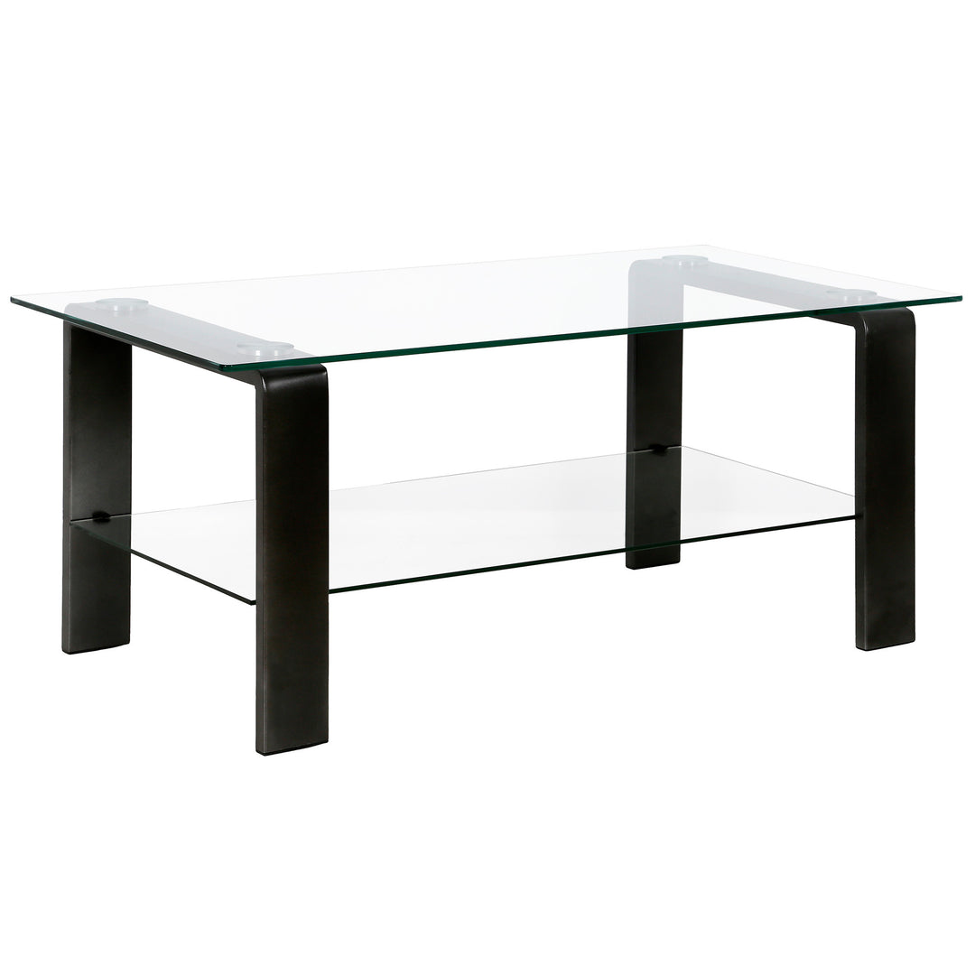 40-Inch Black Glass Coffee Table with Steel Base and Shelf