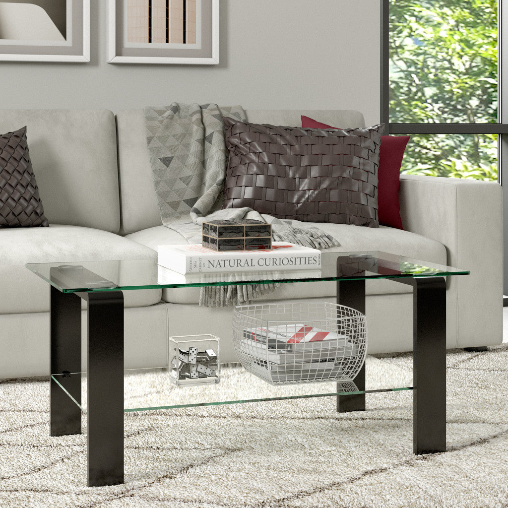 40-Inch Black Glass Coffee Table with Steel Base and Shelf