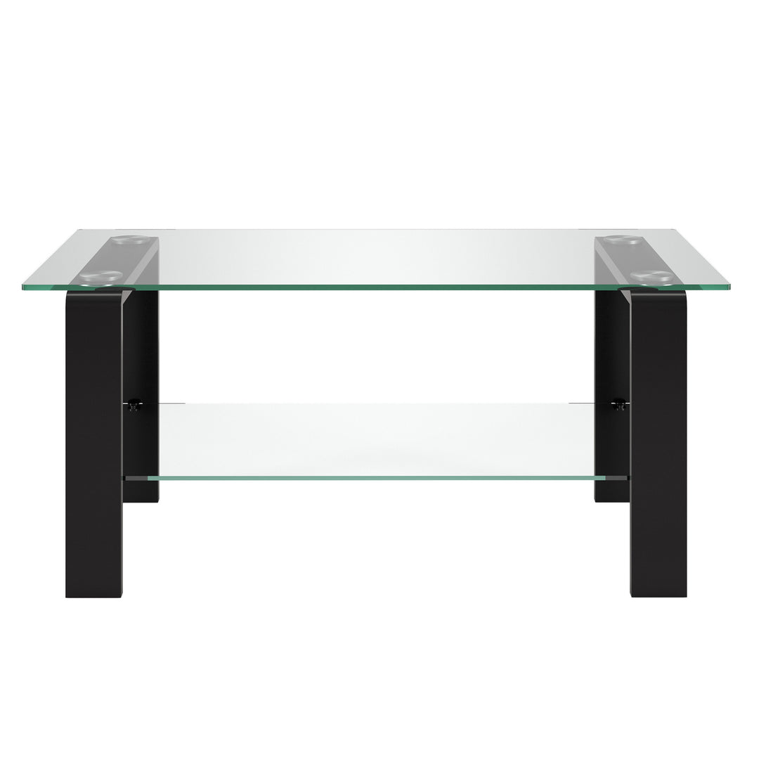 40-Inch Black Glass Coffee Table with Steel Base and Shelf