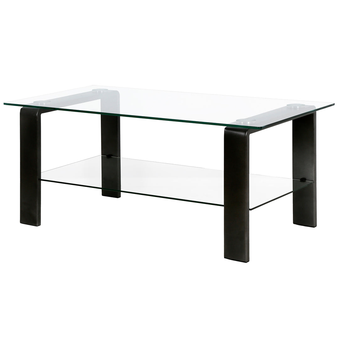 40-Inch Black Glass Coffee Table with Steel Base and Shelf