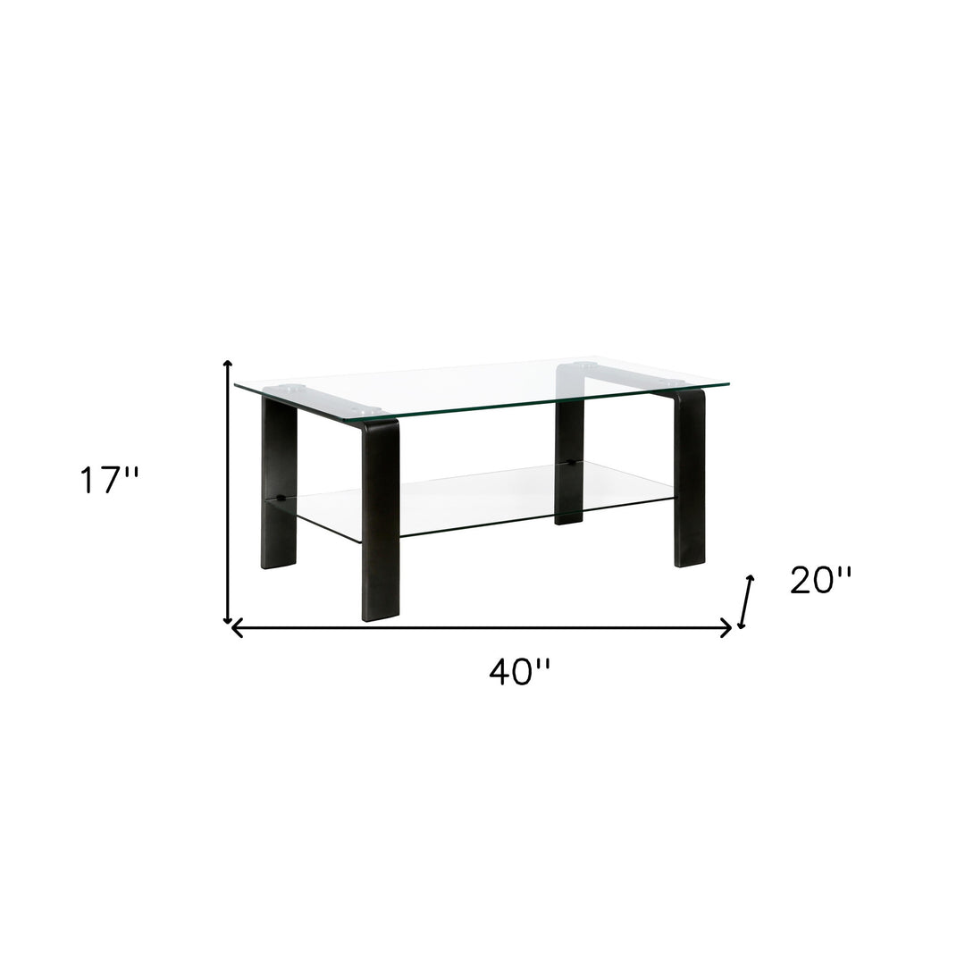 40-Inch Black Glass Coffee Table with Steel Base and Shelf