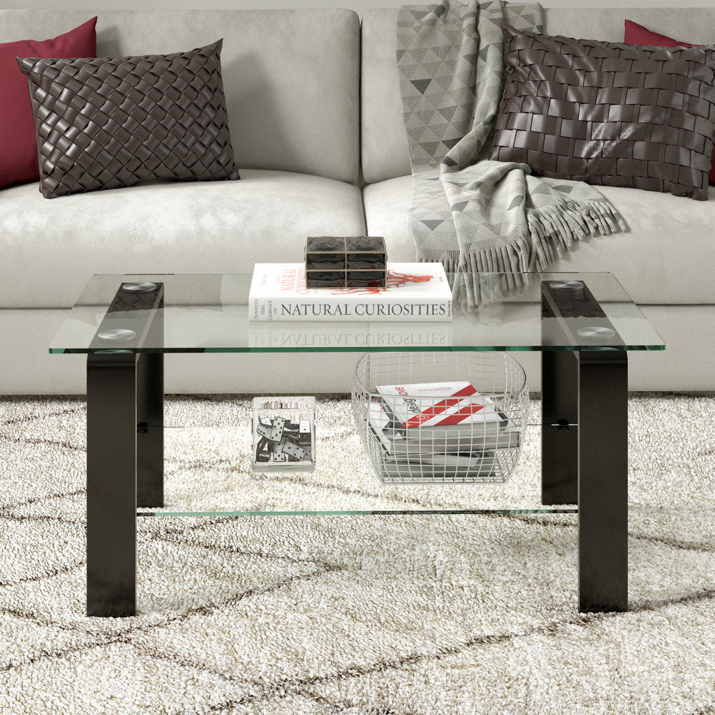 40-Inch Black Glass Coffee Table with Steel Base and Shelf