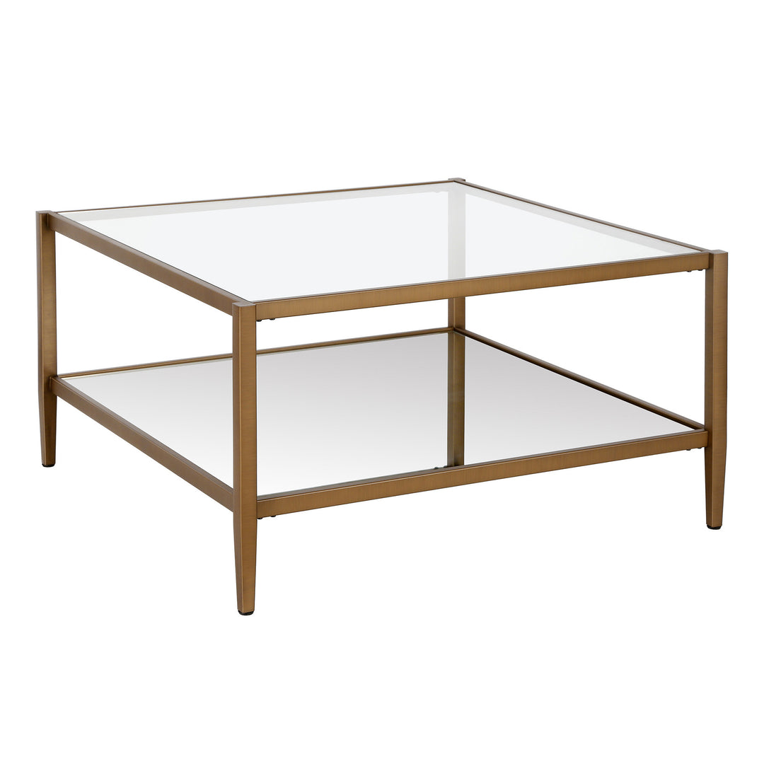 Luxurious 32" Gold Glass And Steel Square Coffee Table With Shelf