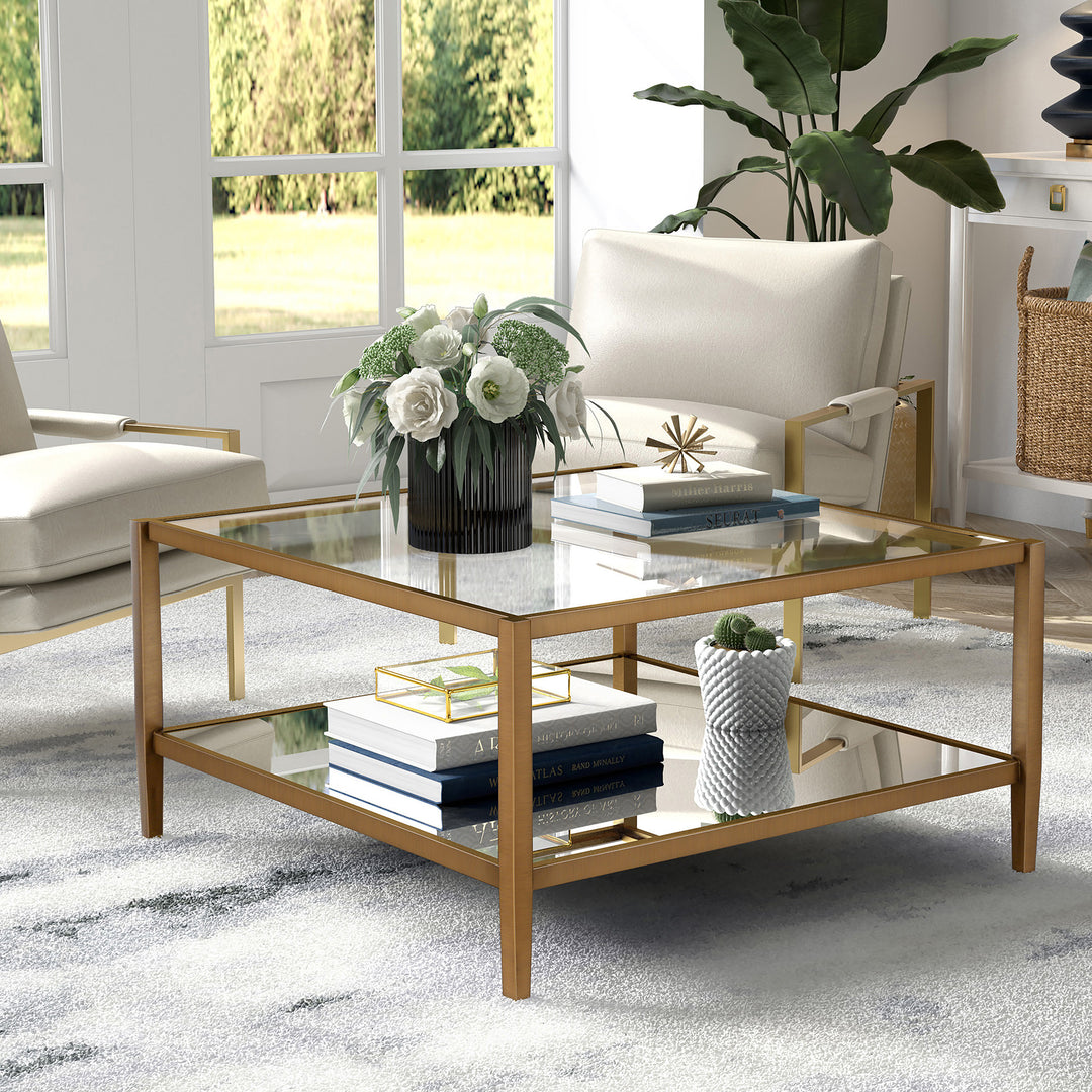 Luxurious 32" Gold Glass And Steel Square Coffee Table With Shelf