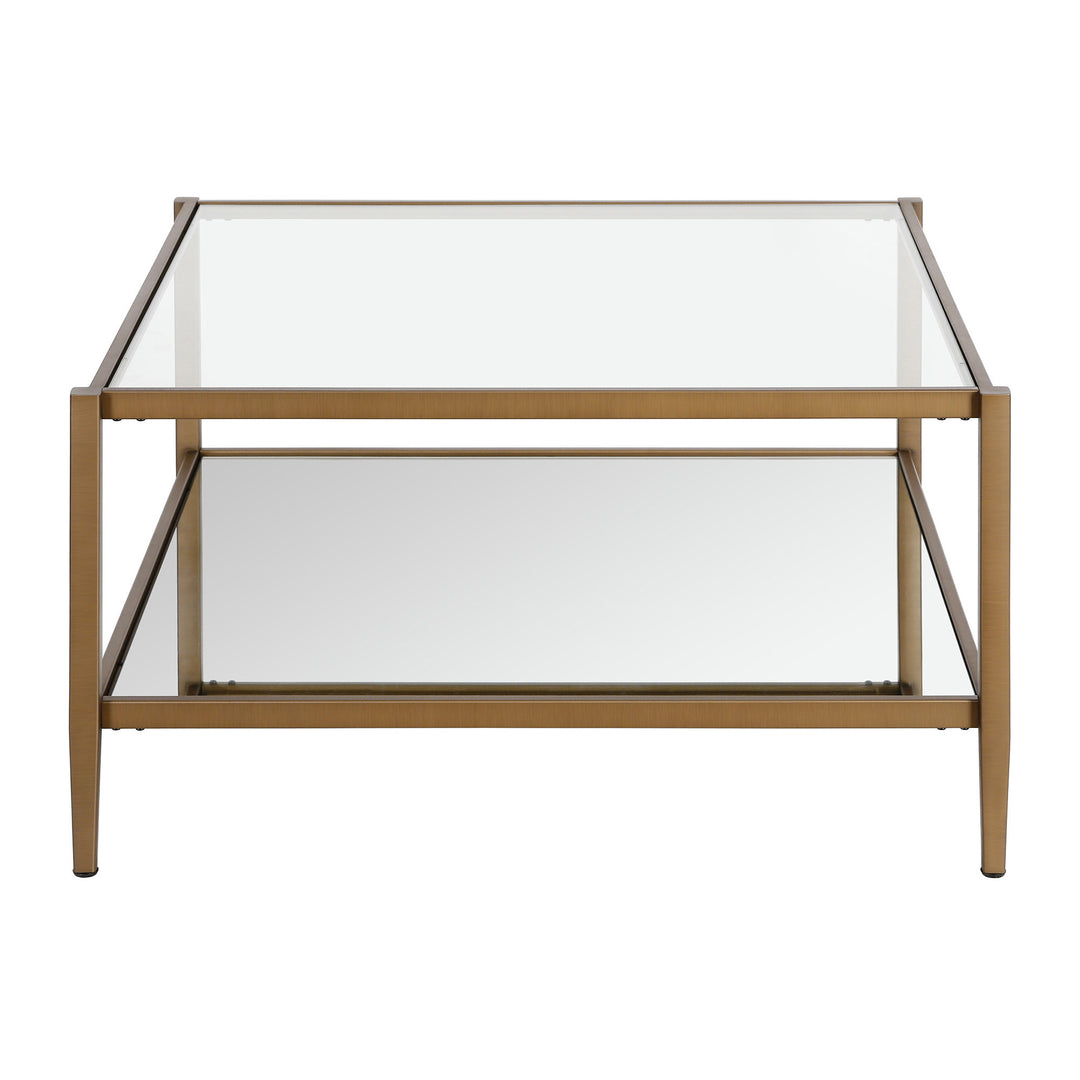 Luxurious 32" Gold Glass And Steel Square Coffee Table With Shelf