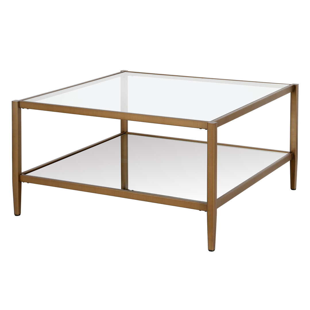 Luxurious 32" Gold Glass And Steel Square Coffee Table With Shelf