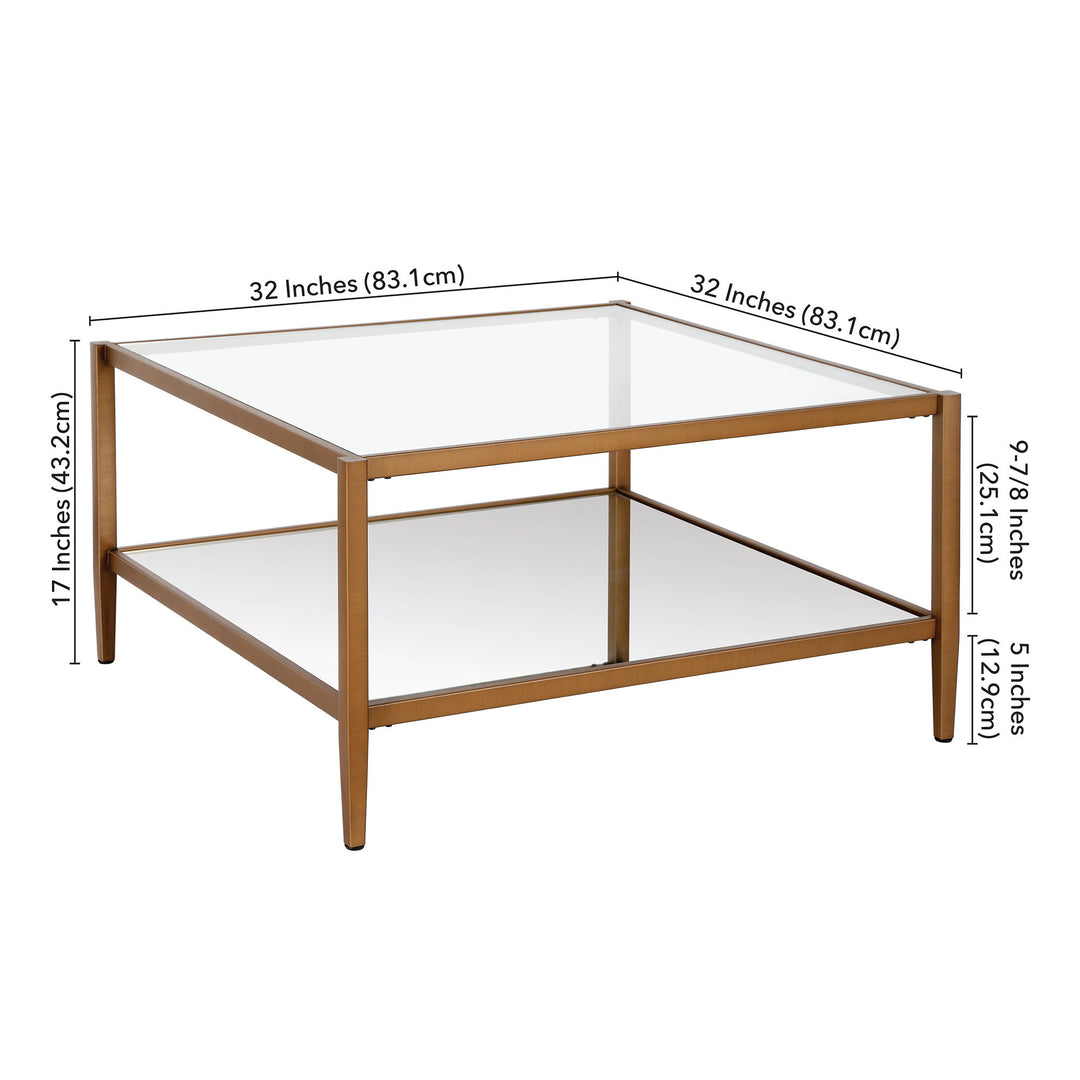 Luxurious 32" Gold Glass And Steel Square Coffee Table With Shelf