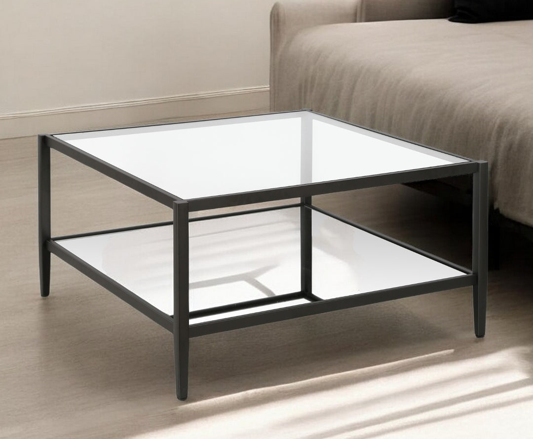 32" Clear And Black Glass And Steel Square Coffee Table With Shelf