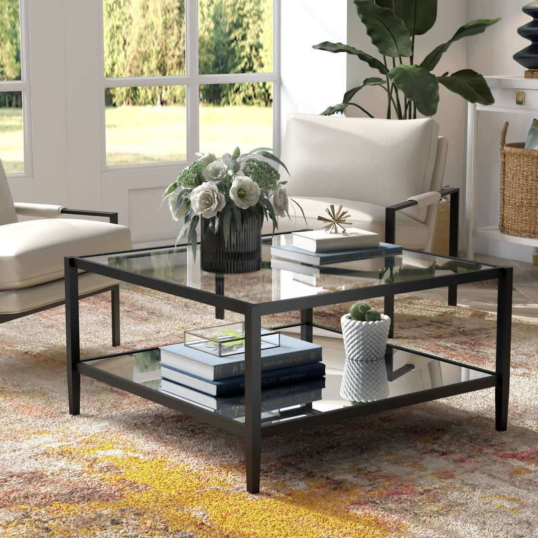 32" Clear And Black Glass And Steel Square Coffee Table With Shelf