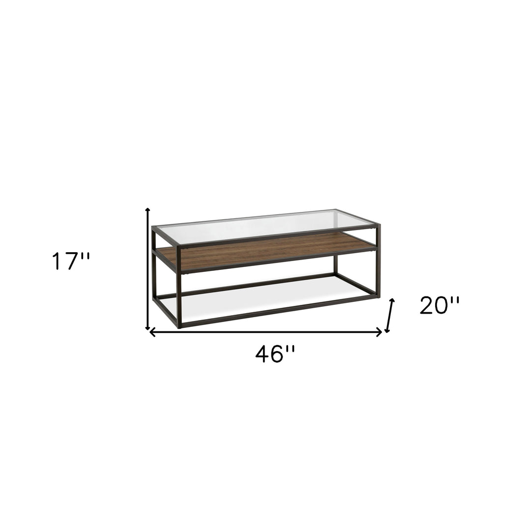 46-Inch Black and Clear Glass Coffee Table with Shelf