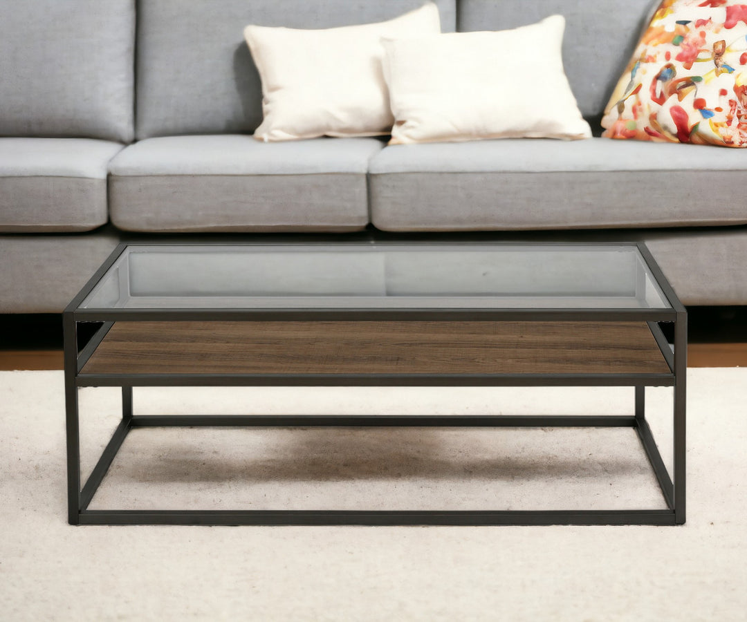 46-Inch Black and Clear Glass Coffee Table with Shelf