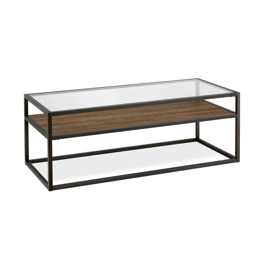 46-Inch Black and Clear Glass Coffee Table with Shelf