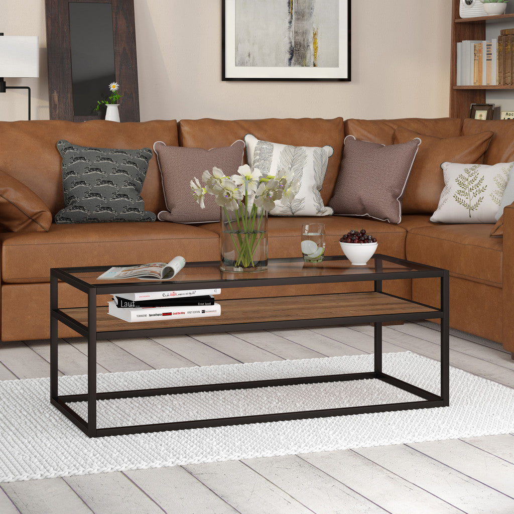 46-Inch Black and Clear Glass Coffee Table with Shelf