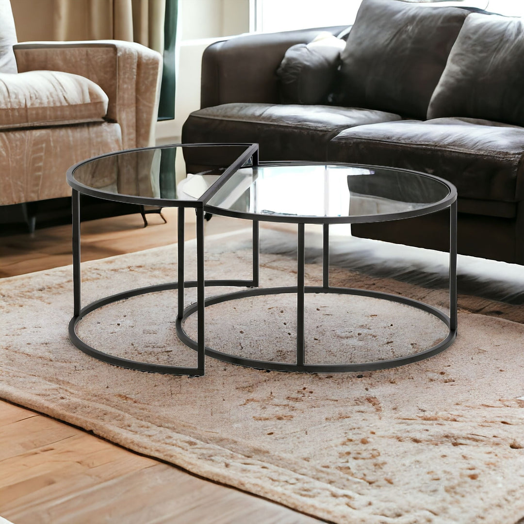 Set of Two 33" Black Glass And Steel Full And Half Circle Nested Coffee Tables