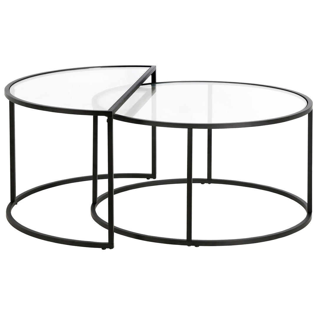 Set of Two 33" Black Glass And Steel Full And Half Circle Nested Coffee Tables