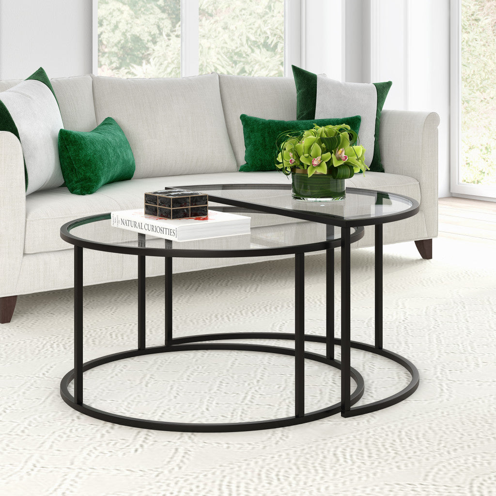 Set of Two 33" Black Glass And Steel Full And Half Circle Nested Coffee Tables