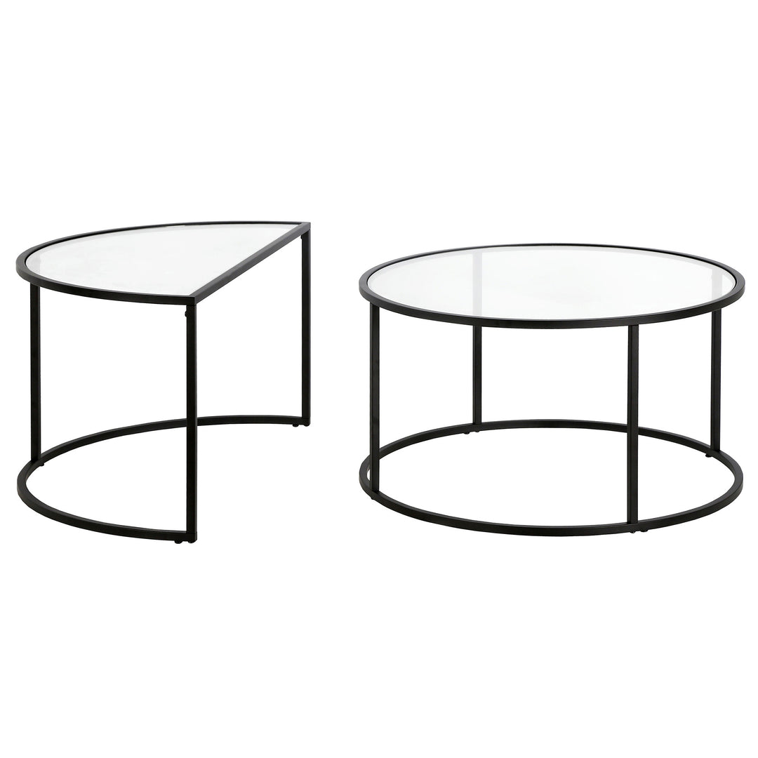 Set of Two 33" Black Glass And Steel Full And Half Circle Nested Coffee Tables