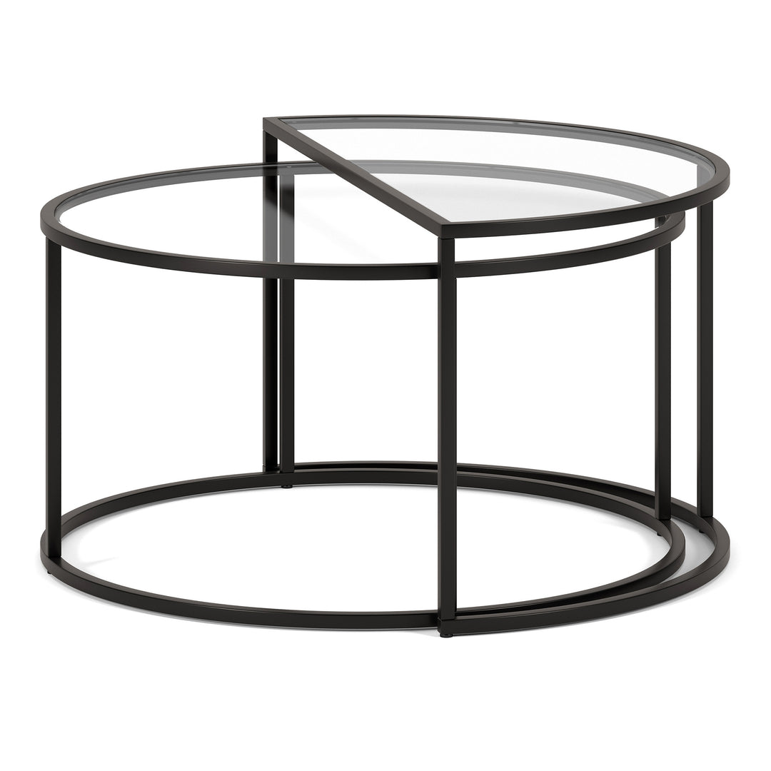 Set of Two 33" Black Glass And Steel Full And Half Circle Nested Coffee Tables