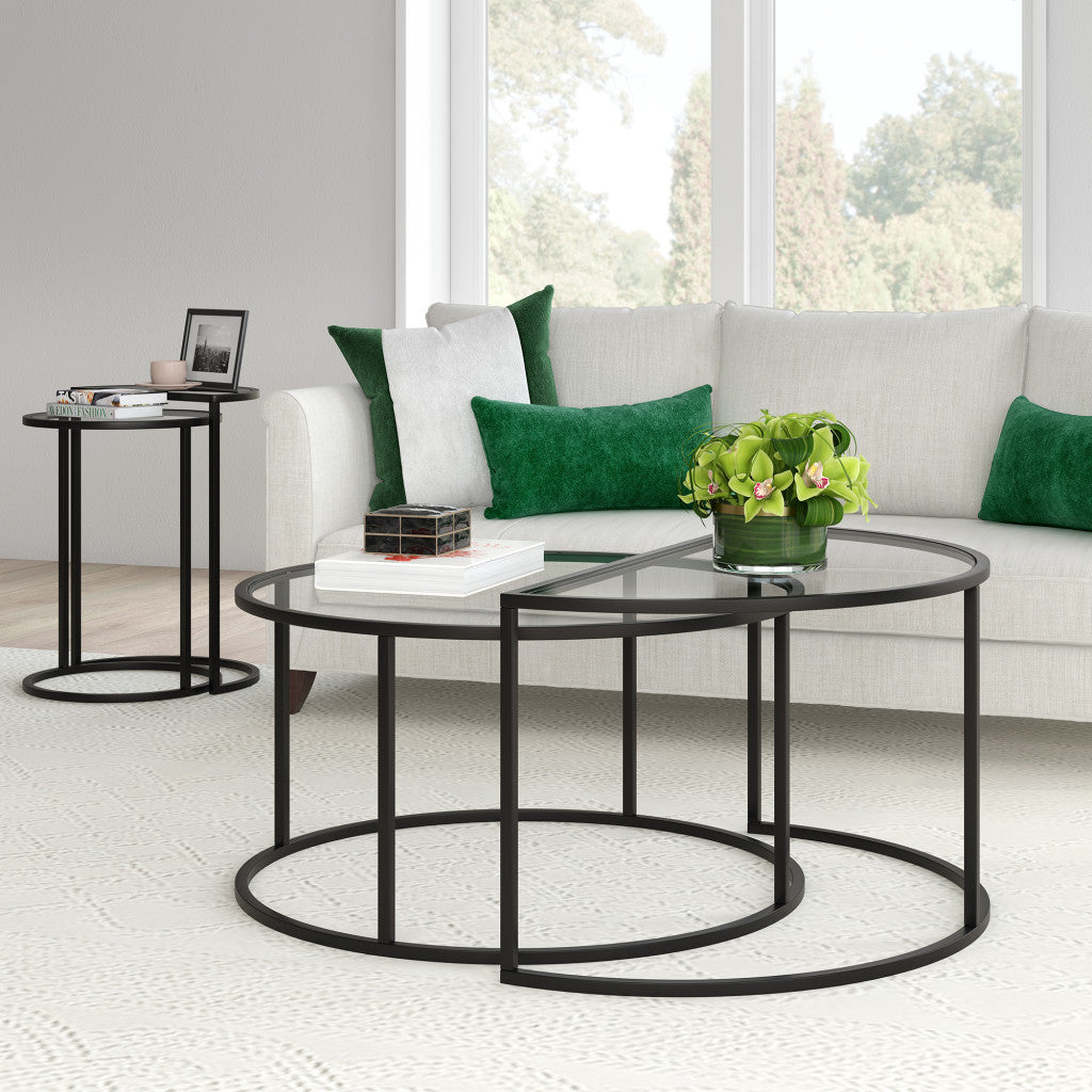 Set of Two 33" Black Glass And Steel Full And Half Circle Nested Coffee Tables