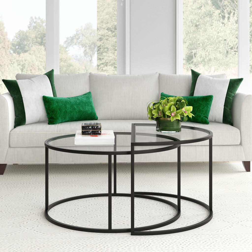 Set of Two 33" Black Glass And Steel Full And Half Circle Nested Coffee Tables