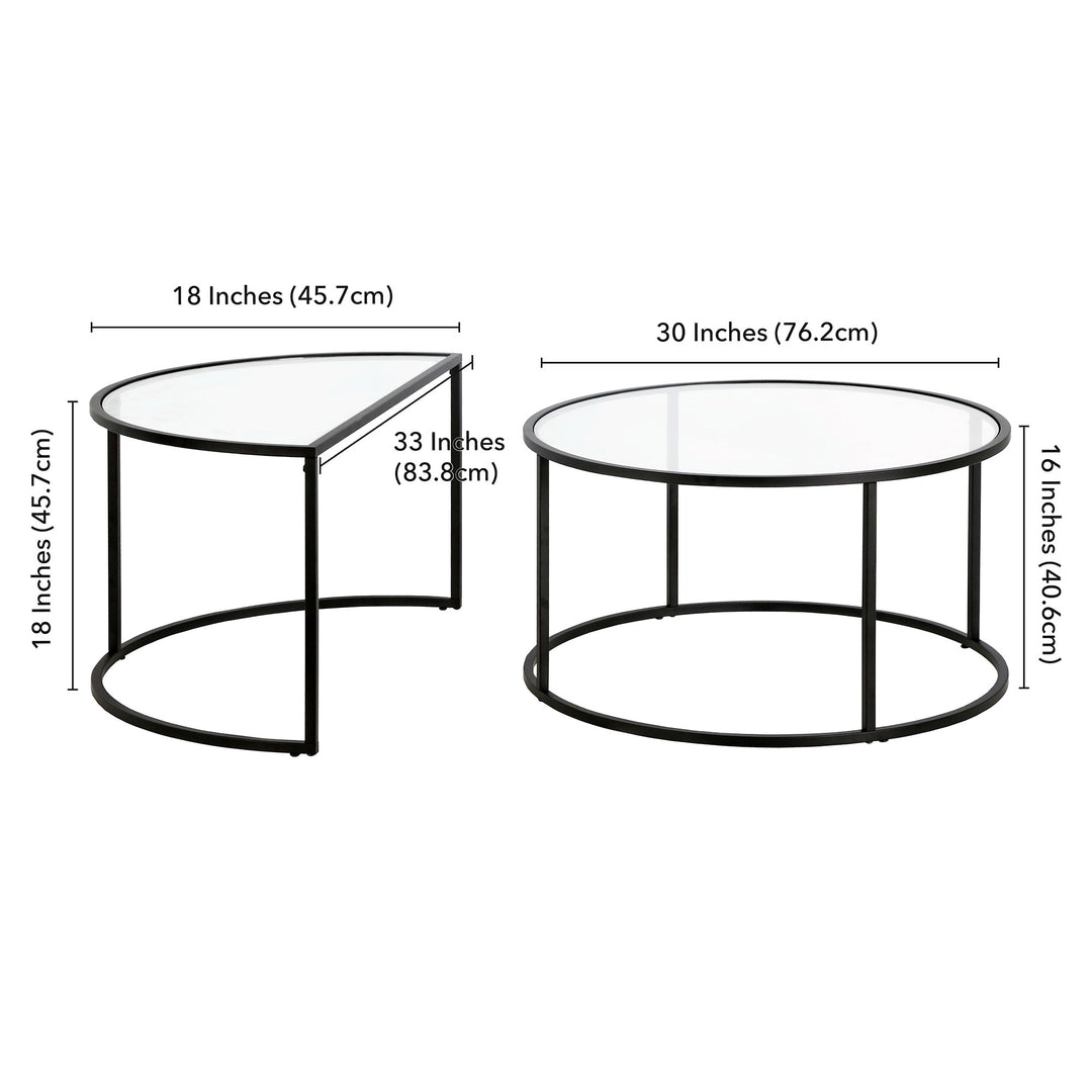 Set of Two 33" Black Glass And Steel Full And Half Circle Nested Coffee Tables