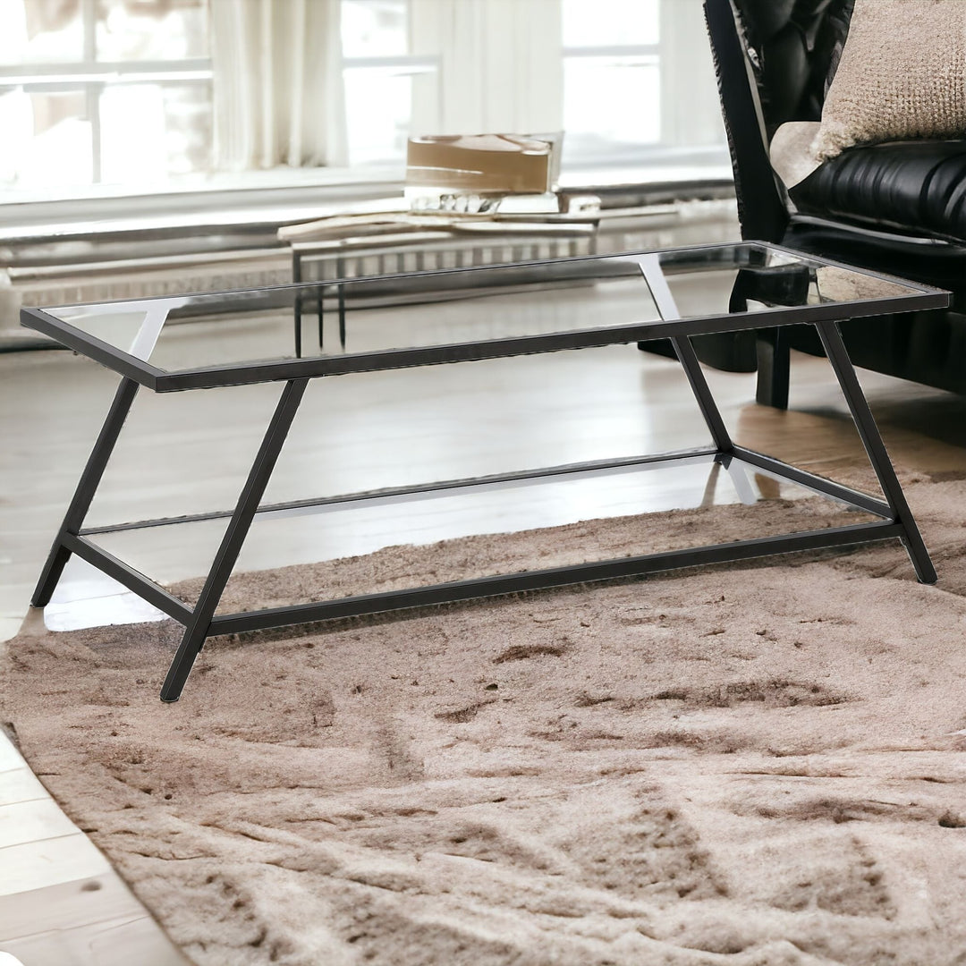 48" Sleek Black Glass and Steel Coffee Table with Shelf