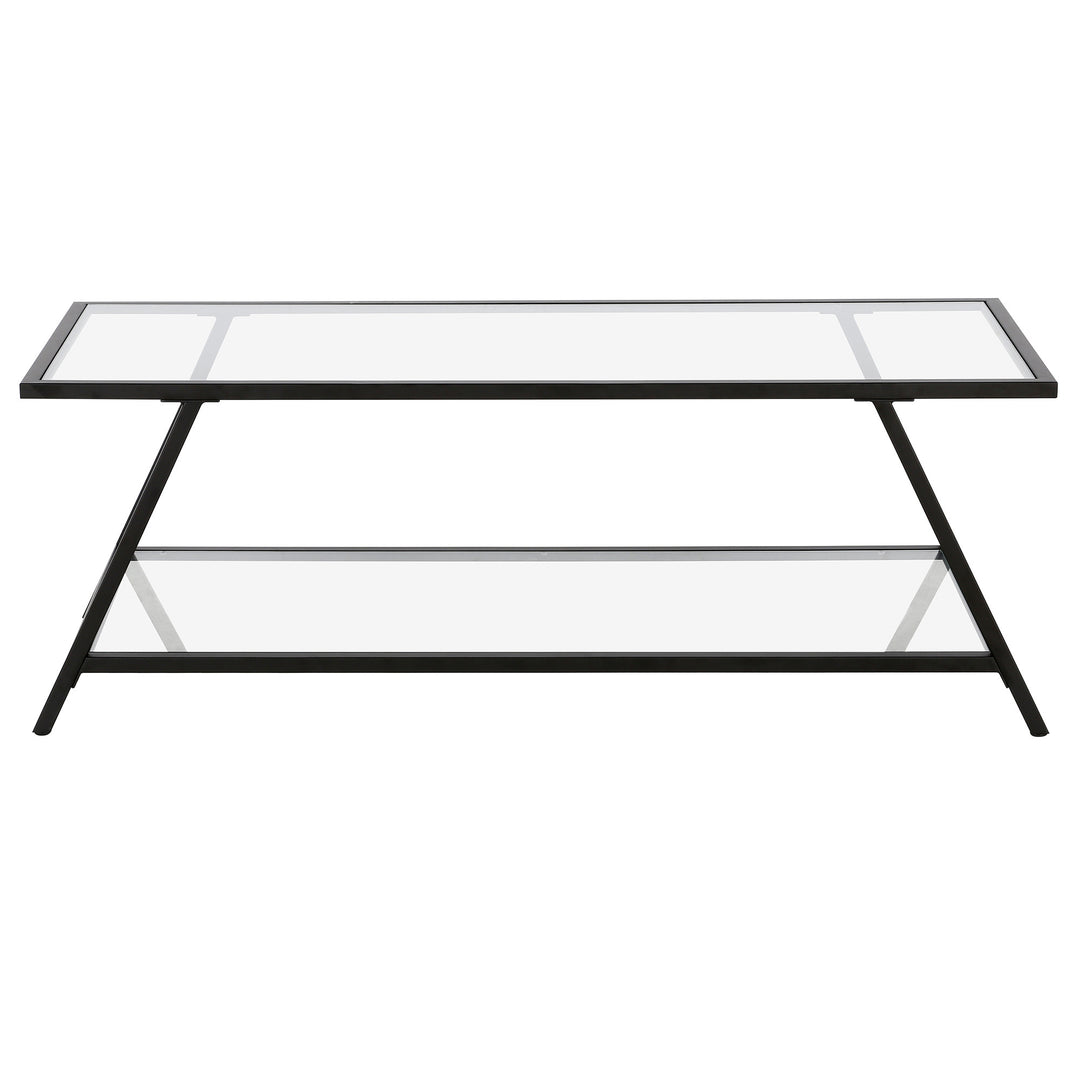 48" Sleek Black Glass and Steel Coffee Table with Shelf