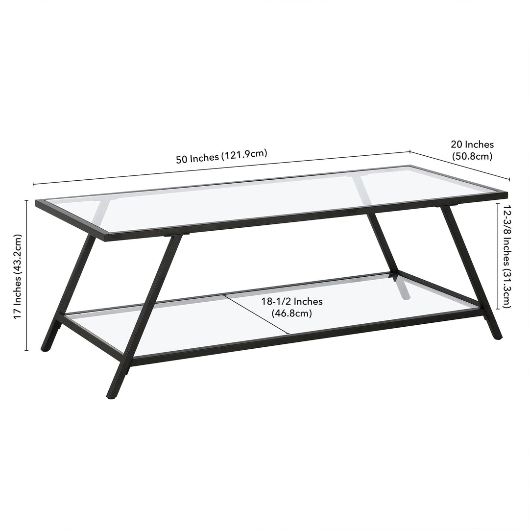 48" Sleek Black Glass and Steel Coffee Table with Shelf