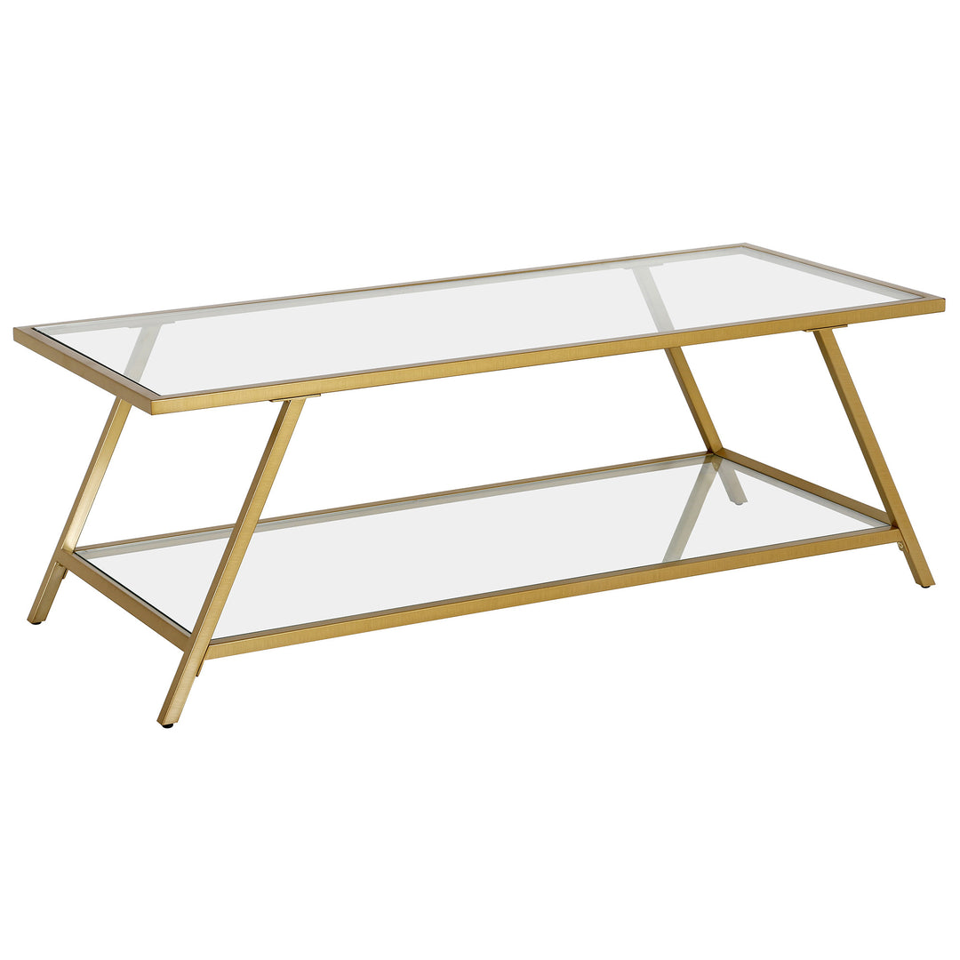 48" Rectangular Gold Glass Coffee Table with Storage Shelf