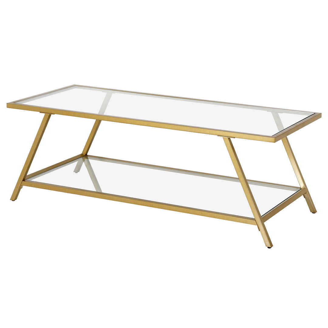 48" Rectangular Gold Glass Coffee Table with Storage Shelf